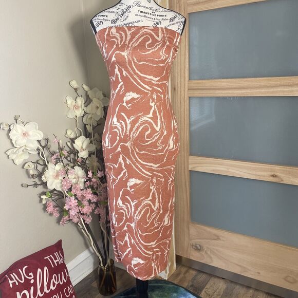 Fashion Nova Orange Print Tube Bodycon Midi Dress Size Medium - Picture 1 of 7